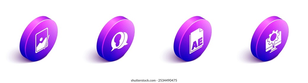 Set Isometric Graphic tablet, Light bulb with concept of idea, AE file document and Computer monitor and gear icon. Vector