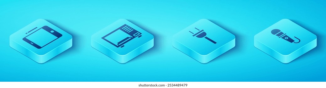 Conjunto de tableta gráfica isométrica, horno de microondas, micrófono e icono de enchufe eléctrico. Vector