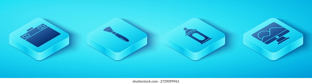Establecer tableta gráfica isométrica, pincel de pintura, pantalla de monitor de computadora e icono de lápiz marcador. Vector