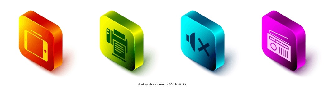 Set Isometric Graphic tablet, Printer, Speaker mute and Radio with antenna icon. Vector