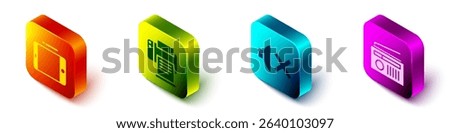 Set Isometric Graphic tablet, Printer, Speaker mute and Radio with antenna icon. Vector