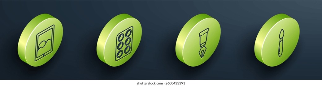 Set Isometric Graphic tablet, Watercolor paints in box, Fountain pen nib and Paint brush icon. Vector