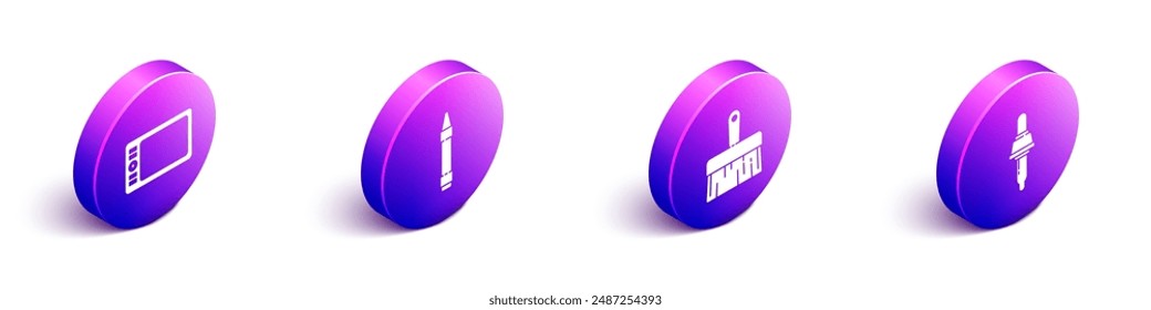 Set Isometric Graphic tablet, Wax crayons for drawing, Paint brush and Pipette icon. Vector