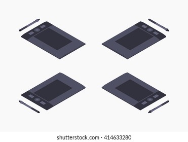 Set of the isometric graphic tablets. The objects are isolated against the white background and shown from different sides