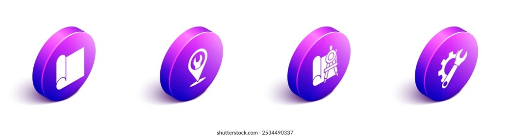 Set Isometric Graphing paper for engineering, Location with wrench spanner, Graphing paper and compass and Wrench spanner and gear icon. Vector