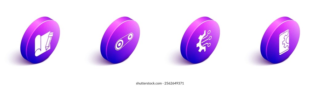 Set Isometric Graphing paper and pencil, Timing belt kit, Algorithm and Setting on smartphone icon. Vector