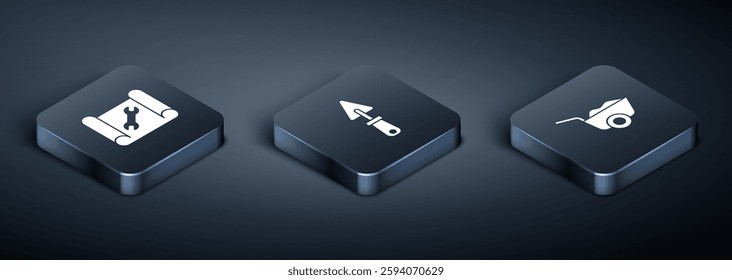 Set Isometric Graphing paper and wrench, Wheelbarrow and Trowel icon. Vector