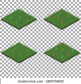 Set of isometric grass tiles with flowers