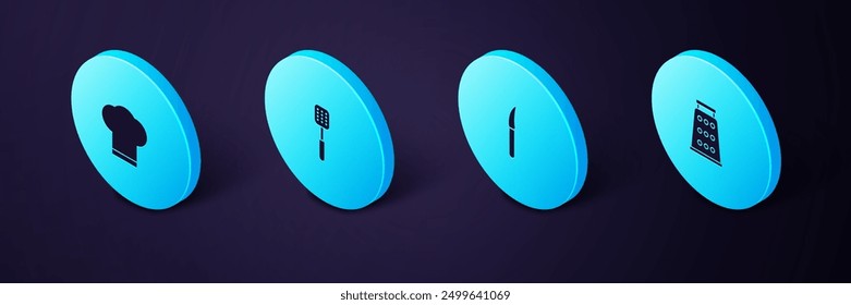 Set Isometric Grater, Knife, Spatula and Chef hat icon. Vector