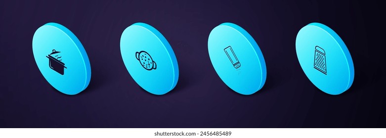 Set Isometric Grater, Salt and pepper, Cooking soup in pot and  icon. Vector
