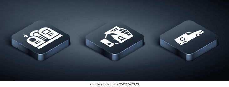 Set Isometric Grave with tombstone, Hearse car and Death certificate in hand icon. Vector