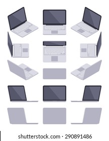 Set of the isometric gray laptops. The objects are isolated against the white background and shown from different sides