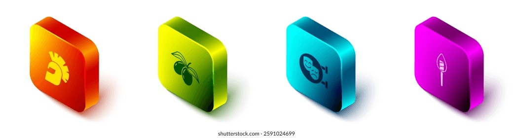 Set Isometric Greek helmet, Olives branch, Comedy and tragedy masks and Torch flame icon. Vector