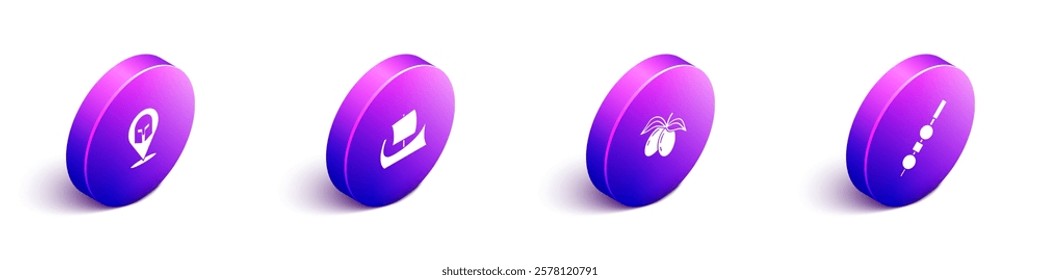 Set Isometric Greek helmet, trireme, Olives branch and and cheese on chopstick icon. Vector