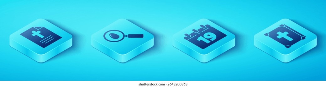 Set Isometric Greeting card with Happy Easter, Search and easter egg, Holy bible book and Calendar with Happy Easter icon. Vector