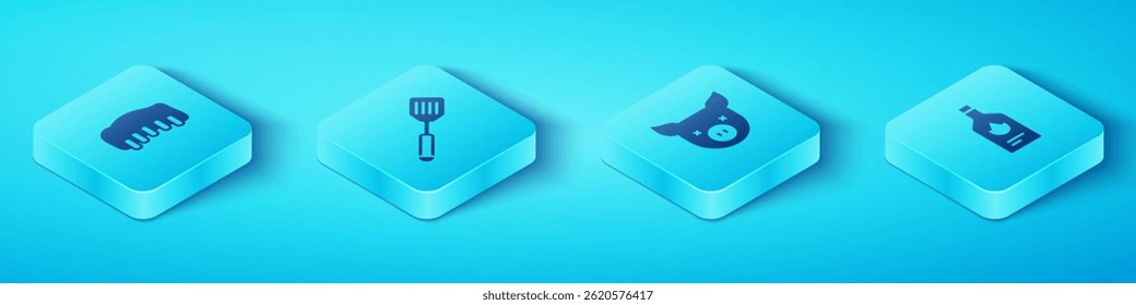 Set Isometric Grilled pork bbq ribs, Spatula, Tabasco sauce and Pig icon. Vector