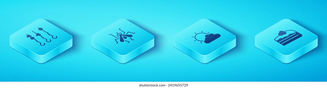 Set Isometric Grilled shish kebab on skewer, Mosquito, Piece of cake and Sun and cloud weather icon. Vector