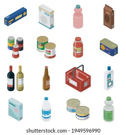 Set Of Isometric Grocery Shopping Items On White Background: Food, Drinks And Detergents