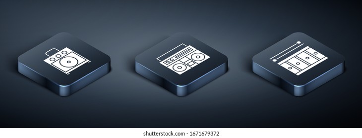Set Isometric Guitar amplifier, Drum with drum sticks and Home stereo with two speakers icon. Vector