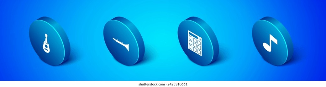 Conjunto de guitarra isométrica, batería, nota musical, tono e icono de clarinete. Vector