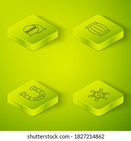 Set Isometric Gun powder barrel, Horseshoe, Hexagram sheriff and Bang boom, gun Comic icon. Vector