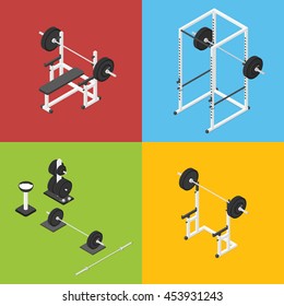 Set of isometric gym benches and barbells. Athletic equipment. Vector illustration