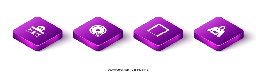Set Isometric Gym building, Weight plate, Sport horizontal bar and Hoodie icon. Vector