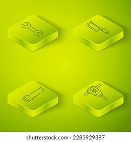 Establezca Isometric Hacksaw, Hand saw, Electric rotary hammer y Wrench spanner icon. Vector
