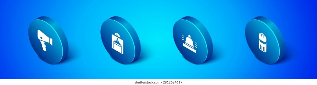 Set Isometric Hair dryer, Hotel service bell, Trash can and Lift icon. Vector