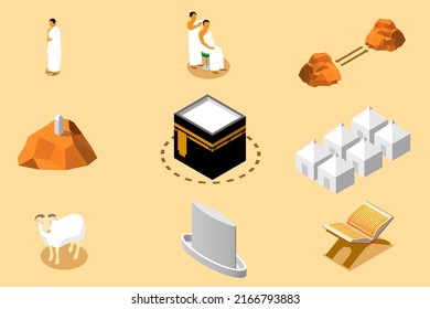 Set of isometric hajj illustration. Hajj, ihram, thawaf, sa'i, wukuf, mabit, tahallul, jumrah. Flat style. Isolated vector for presentation, infographic, website, apps and other uses.