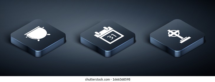 Set Isometric Halloween witch cauldron , Tombstone with cross  and Calendar with Halloween date 31 october  icon. Vector