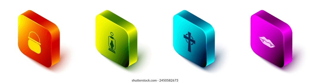 Set Caldero isométrico de brujas de Halloween, Linterna de camping, Lápida con cruz e icono de dientes de vampiro. Vector