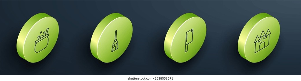 Set Isometric Halloween witch cauldron, Witches broom, Meat chopper and Castle icon. Vector