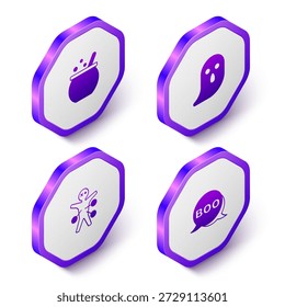Conjunto caldero de bruja isométrica de Halloween, fantasma, muñeca vudú e icono de burbuja de discurso Boo. Botón hexagonal púrpura. Vector