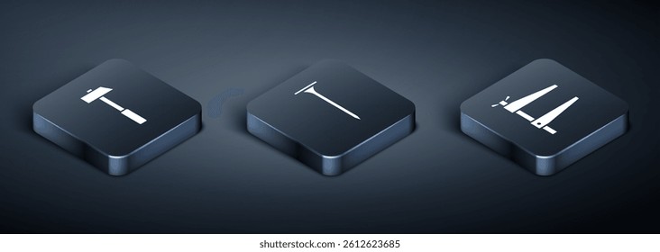 Set Isometric Hammer, Clamp tool and Metallic nail icon. Vector