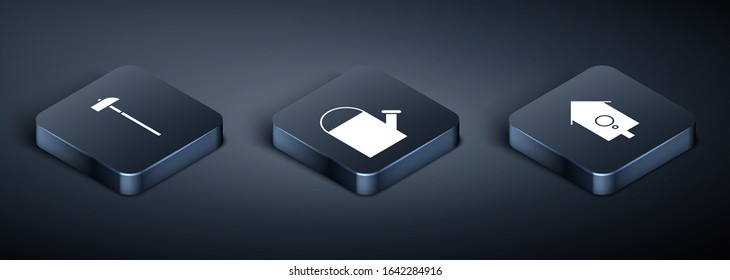 Set Isometric Hammer, Retro wall watch and Watering can icon. Vector