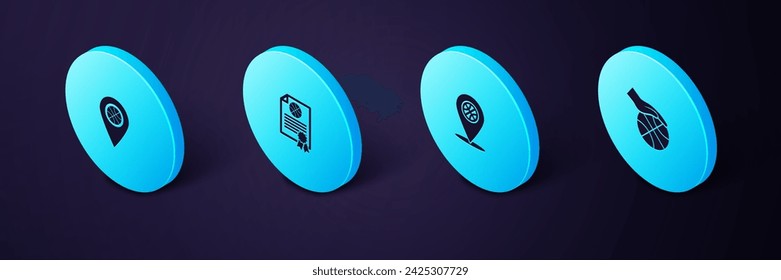 Set Isometric Hand with basketball ball, Location, Certificate award and  icon. Vector