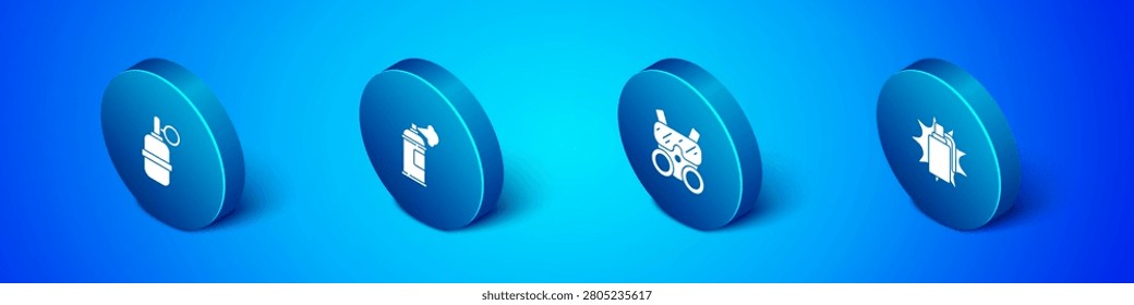 Set Isometric Hand grenade, Gas mask,  and Paint spray can icon. Vector