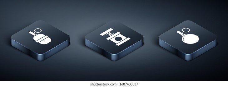 Coloque la granada de mano isométrica, la granada de mano y el detonador de la manecilla para el icono de dinamita. Vector