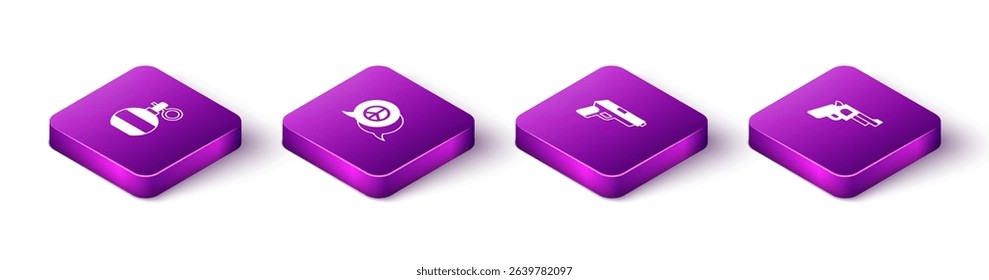 Set Isometric Hand grenade, Peace, Pistol or gun and  icon. Vector