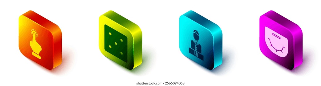 Set Isometric Hand holding casino chips, Game dice, Casino dealer and Poker table icon. Vector