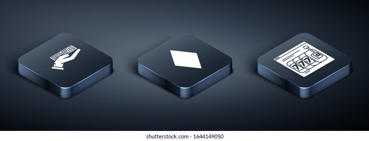 Set Isometric Hand holding deck of playing cards, Online slot machine with lucky sevens jackpot and Playing card with diamonds symbol icon. Vector