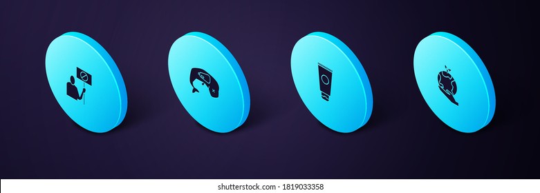 Set Isometric Hand holding Earth globe, Cream cosmetic tube, Environment protection whale dead and Nature saving protest icon. Vector.