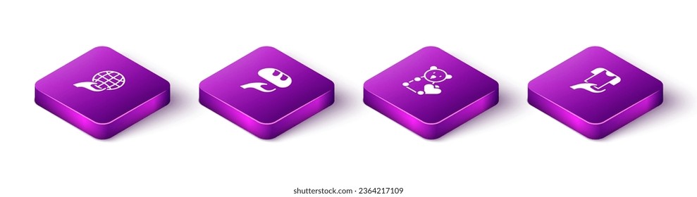 Set Isometric Hand holding Earth globe, Donation food, Donate child toys and Clothes donation icon. Vector