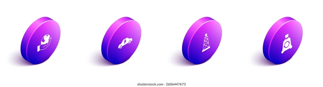 Set Isometric Hand holding Earth globe, Electric car, Oil rig and Garbage bag with recycle icon. Vector
