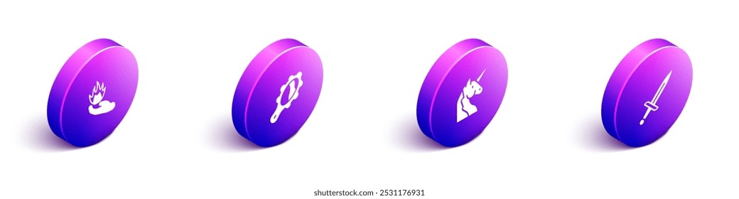Set Isometric Hand holding a fire, Magic hand mirror, Unicorn and Dagger icon. Vector