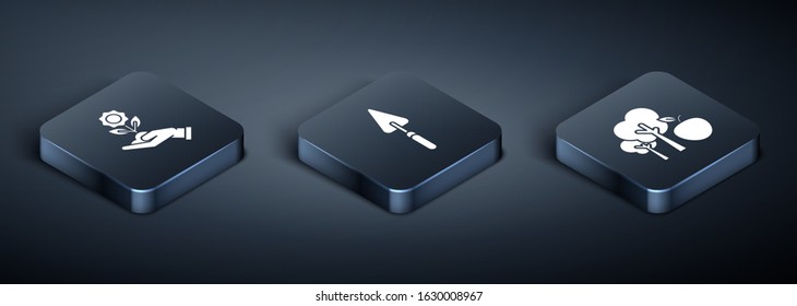 Set Isometric Hand holding flower, Tree with apple and Garden trowel spade or shovel icon. Vector