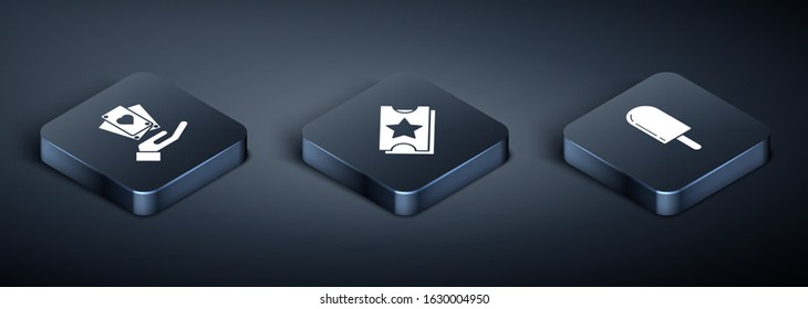 Set Isometric Hand holding playing cards, Ice cream and Ticket icon. Vector