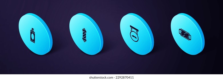 Set Isometric Hand mirror, Barbershop, Classic pole and Shaving gel foam icon. Vector