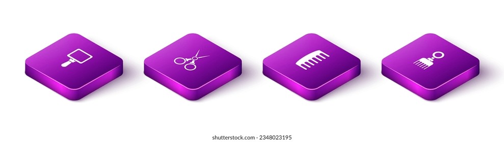 Indique el espejo de mano isométrica, el peluquero de tijeras, el cepillo de pelo y el icono. Vector